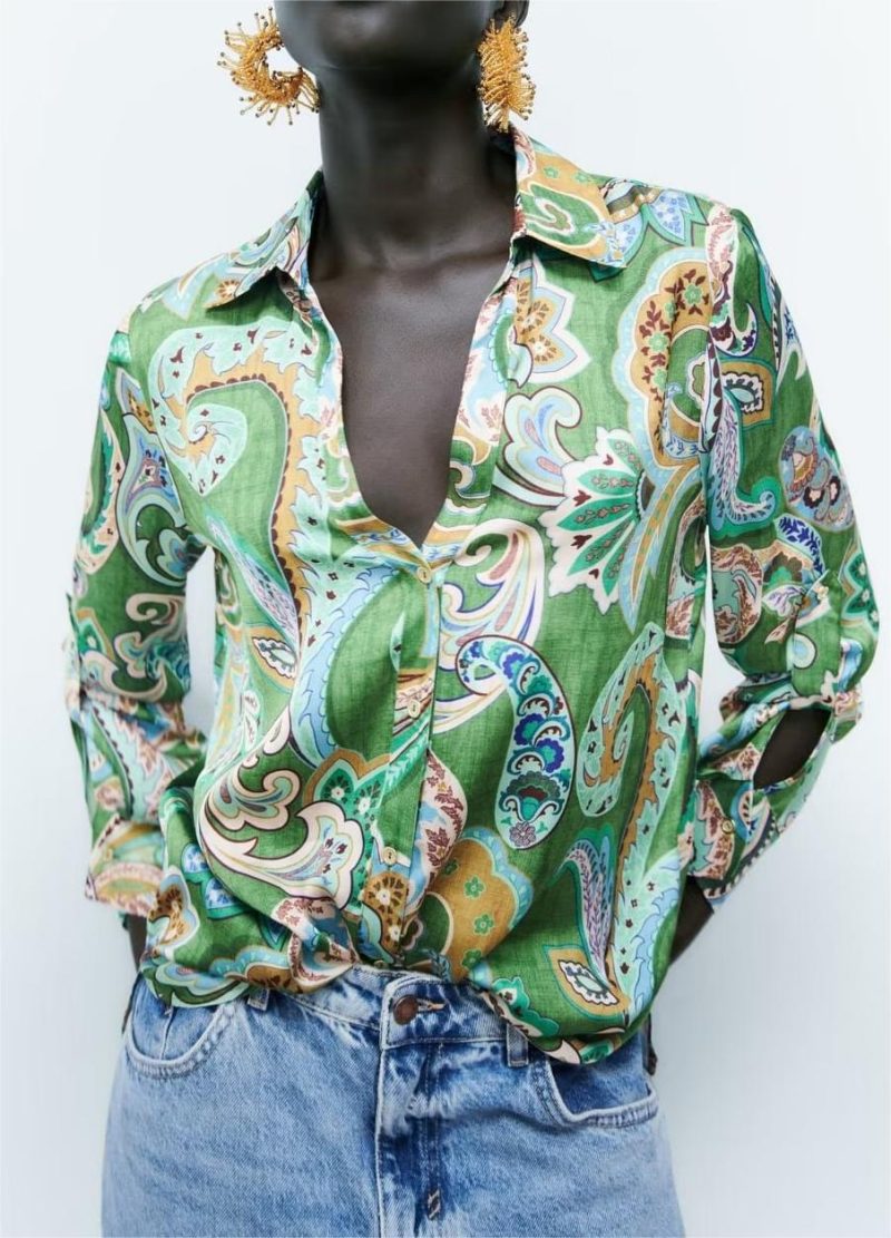 Early Spring Graceful Fashionable Printed Silk Satin Textured Long Sleeve Shirt