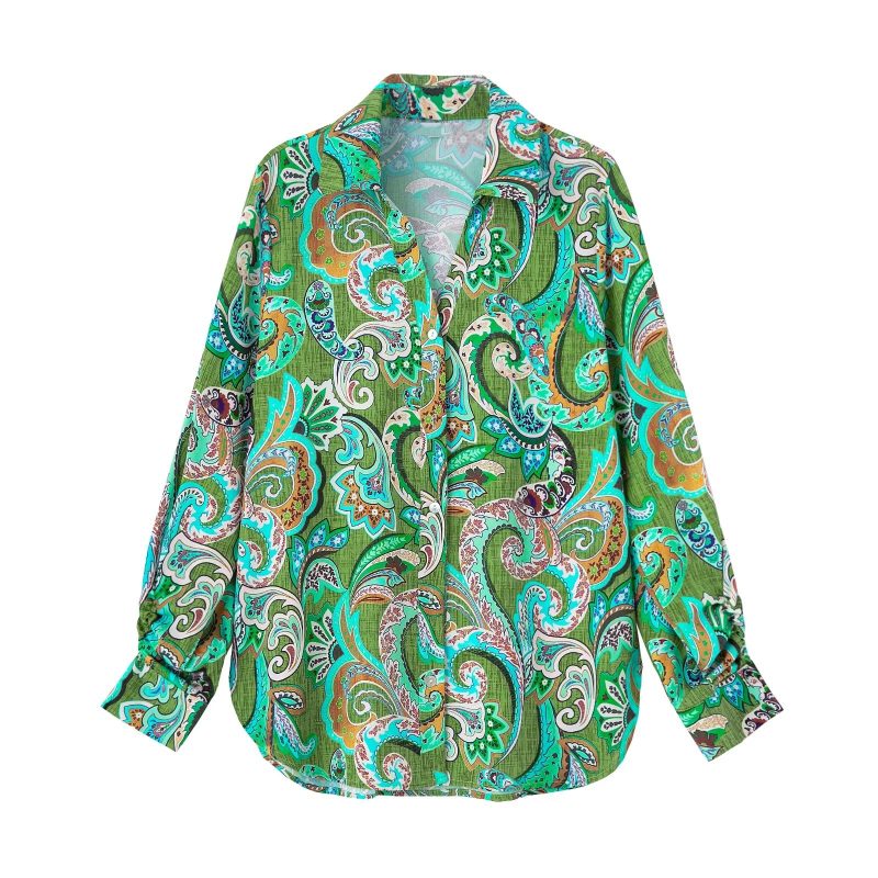 Early Spring Graceful Fashionable Printed Silk Satin Textured Long Sleeve Shirt - Image 3