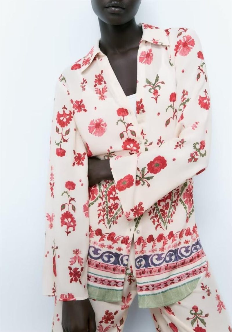 Women Clothing Autumn Niche Design Collared Floral Print Shirt