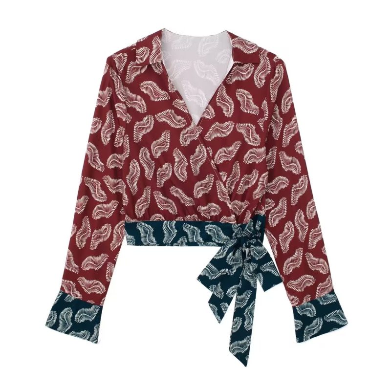 Spring Women Clothing Slimming Fashionable Pleated Print Shirt Top - Image 4