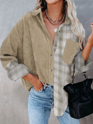 Cardigan Top Women Spring Autumn Single Breasted Plaid Contrast Color Corduroy Long-Sleeved Shirt for Women