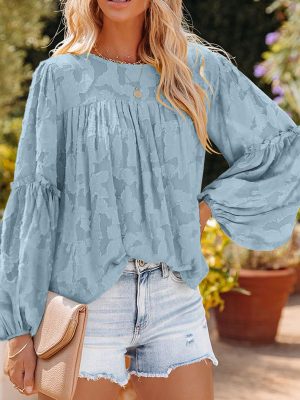 Spring Autumn Chiffon Shirt Lantern Sleeve Little-Girl Clothes Lace Hollow Out Cutout-out Blouse Women Shirt