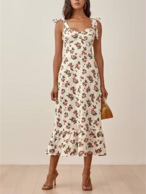 Summer Floral Print Ruffles Sexy Slimming Beam Waist Strap Dress Maxi Dress