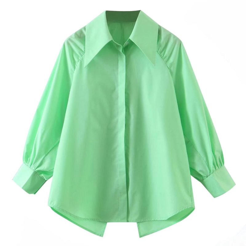 Summer Women Clothing Collared Long Sleeve Loose Solid Color Shirt Women - Image 3