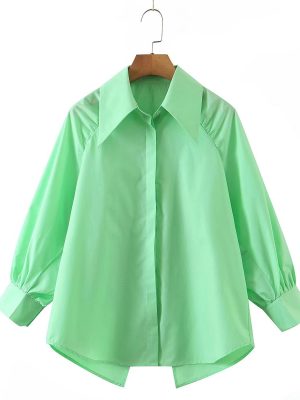 Summer Women Clothing Collared Long Sleeve Loose Solid Color Shirt Women