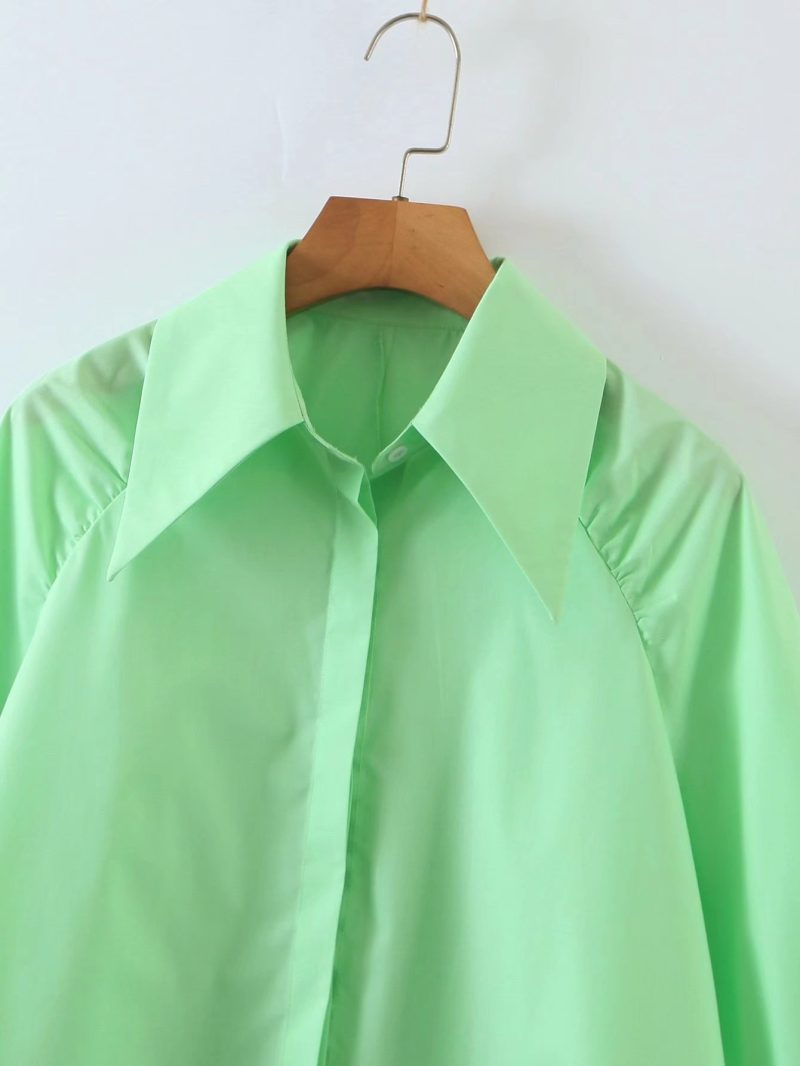 Summer Women Clothing Collared Long Sleeve Loose Solid Color Shirt Women - Image 2