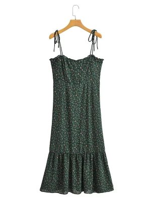 Small Floral Print Slim Fit Waist Mid Length Strap Dress Summer Women Clothing