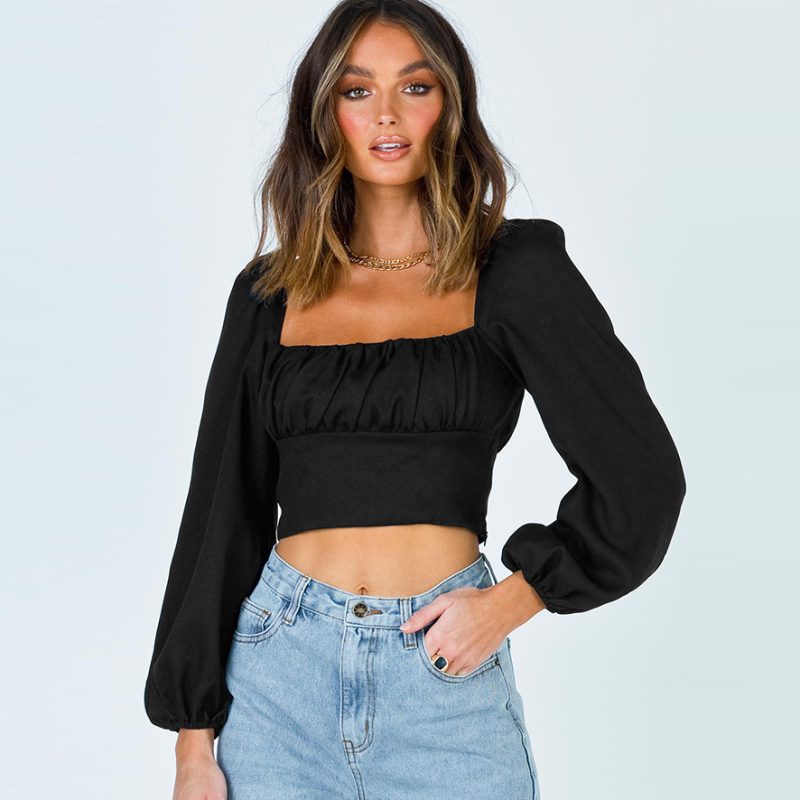 Autumn Square Collar Pleated Lantern Long Sleeve Slim Fit Women Wear Elegant Graceful High Grade Top - Image 2