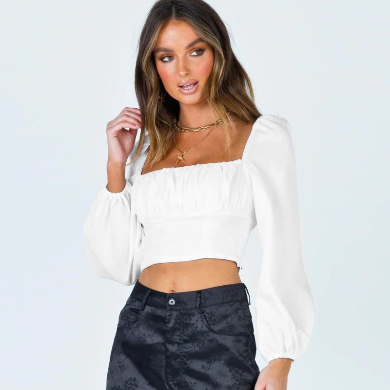 Autumn Square Collar Pleated Lantern Long Sleeve Slim Fit Women Wear Elegant Graceful High Grade Top - Image 3