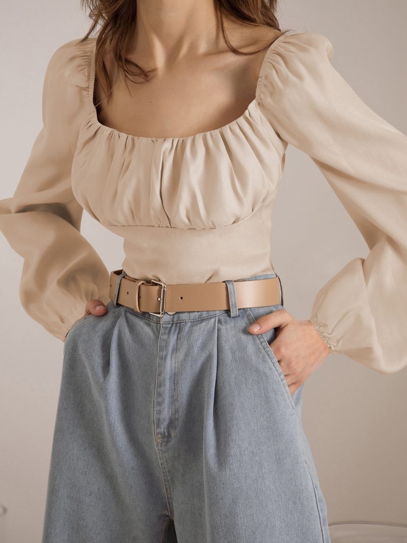 Autumn Square Collar Pleated Lantern Long Sleeve Slim Fit Women Wear Elegant Graceful High Grade Top - Image 5
