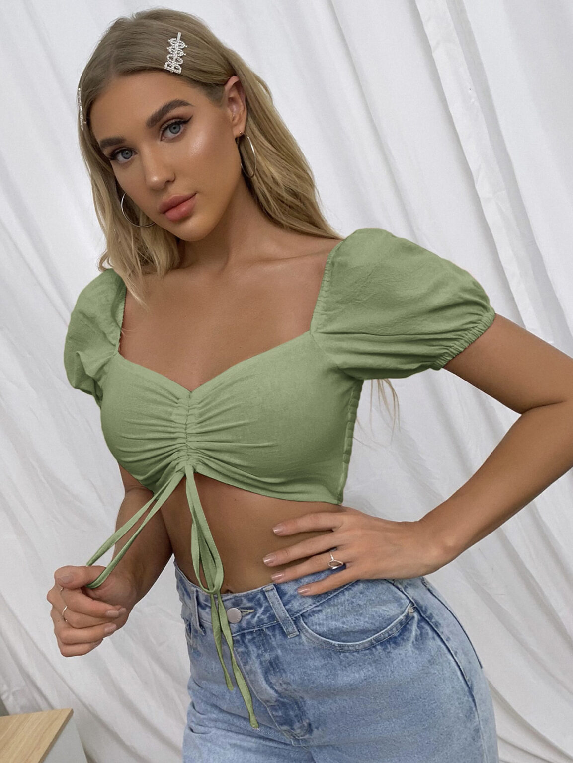 Real Shot Spot Exclusive for Women Clothing Square Collar Chest Drawstring Short Top - Image 4