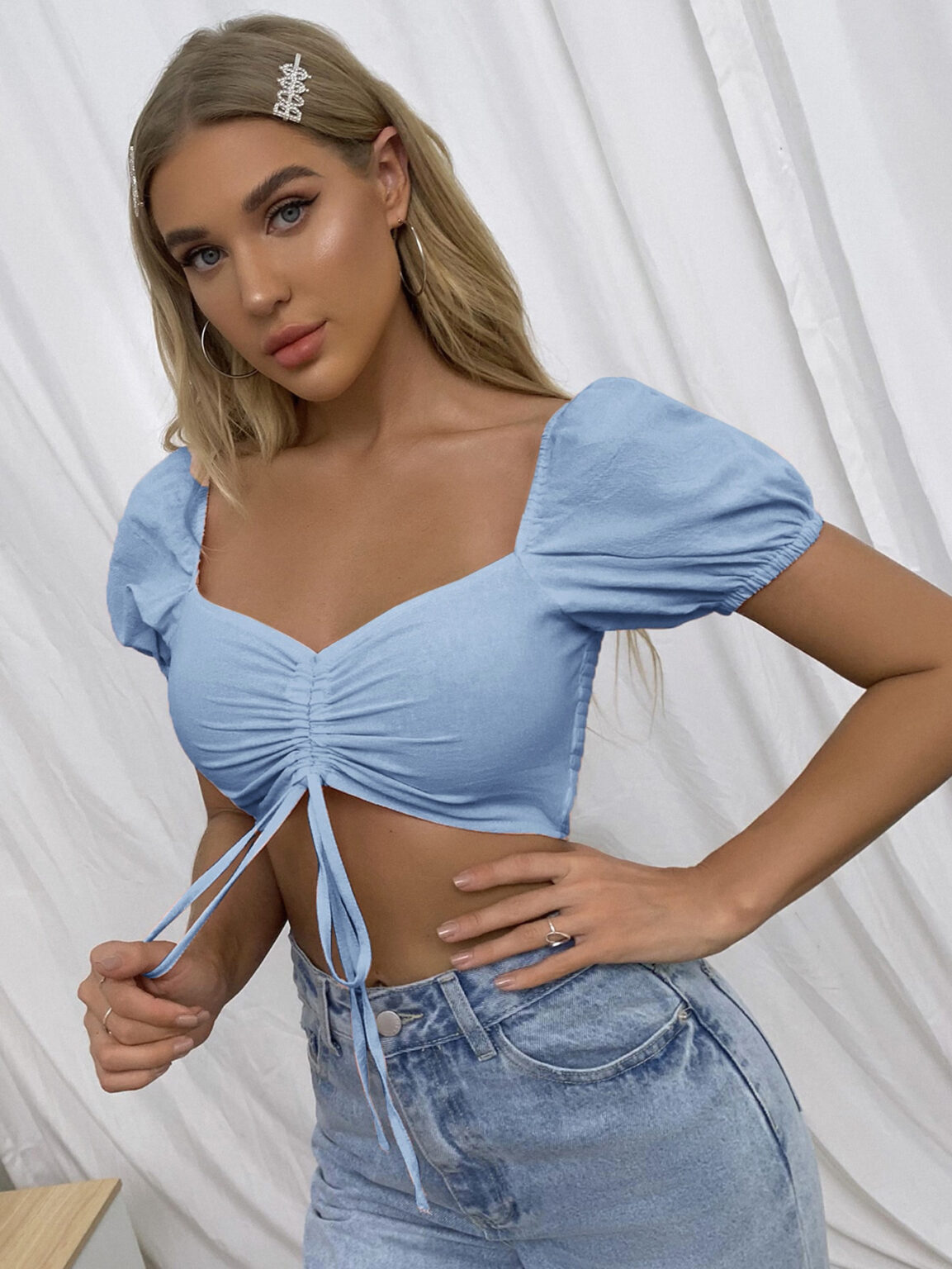 Real Shot Spot Exclusive for Women Clothing Square Collar Chest Drawstring Short Top - Image 5