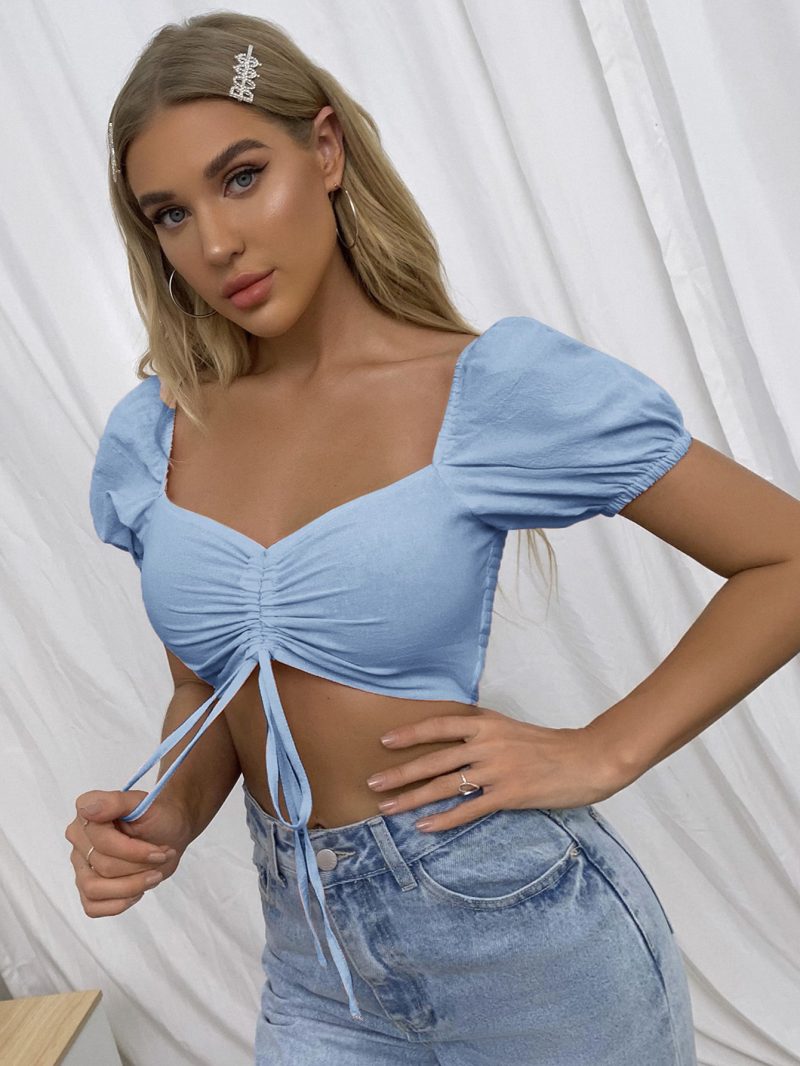 Real Shot Spot Exclusive for Women Clothing Square Collar Chest Drawstring Short Top - Image 5
