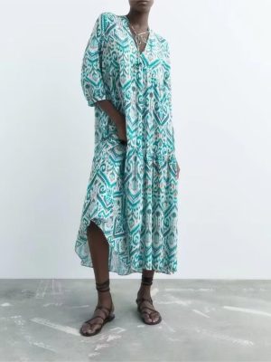 Early Autumn Retro Green Printing Dress Women V neck Lace up Sleeve Loose Maxi Dress