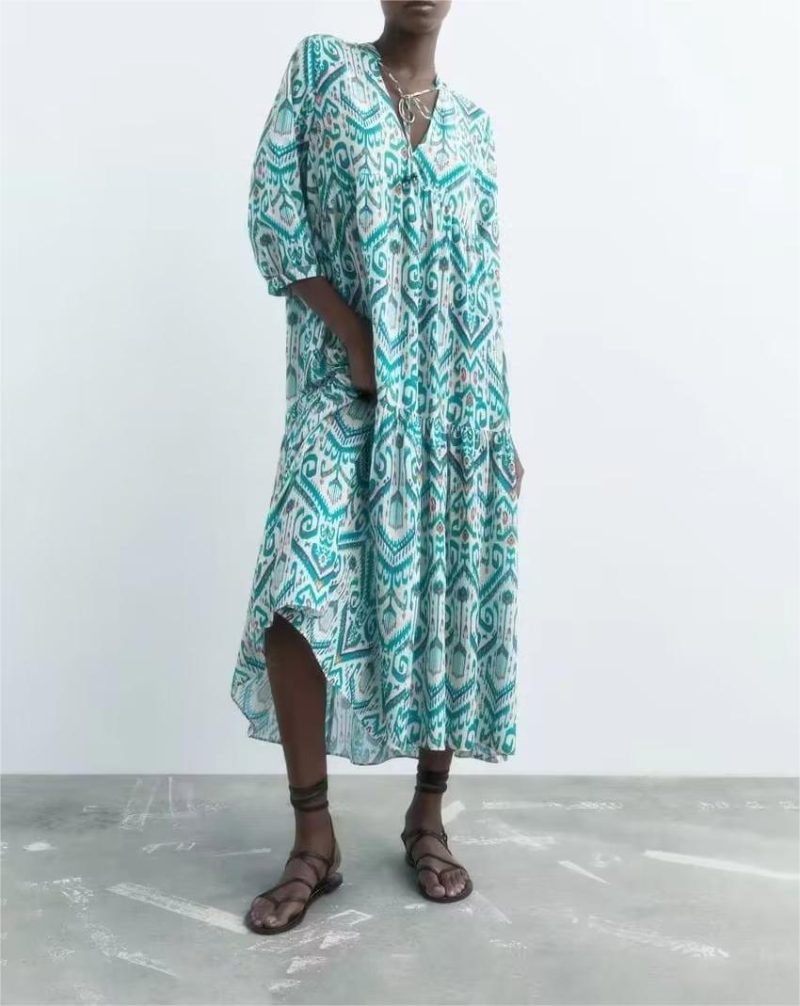 Early Autumn Retro Green Printing Dress Women V neck Lace up Sleeve Loose Maxi Dress