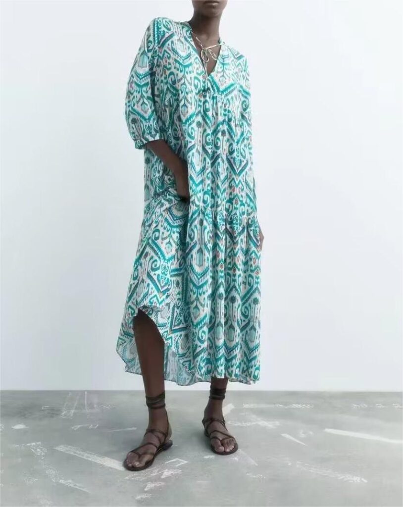 Early Autumn Retro Green Printing Dress Women V neck Lace up Sleeve Loose Maxi Dress