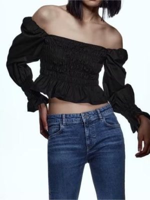 Spring Summer Retro Slimming Slim Fit Long Sleeved T shirt Black Velvet Square Collar Collarbone Bottoming Shirt Top for Women