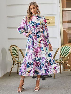 Women Spring Fall Stand Sleeve Floral Elegant Smocked A LineDress Pullover Print Dress