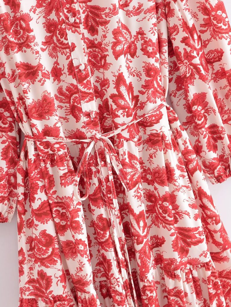 Fall Women V neck Long Sleeved Printed Dress - Image 4