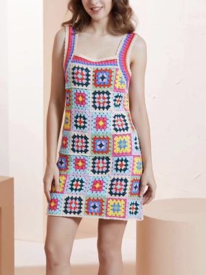 Vacation Seaside Beach Fresh Retro Square Collar Crocheted Knitted Cutout Sling Dress for Women