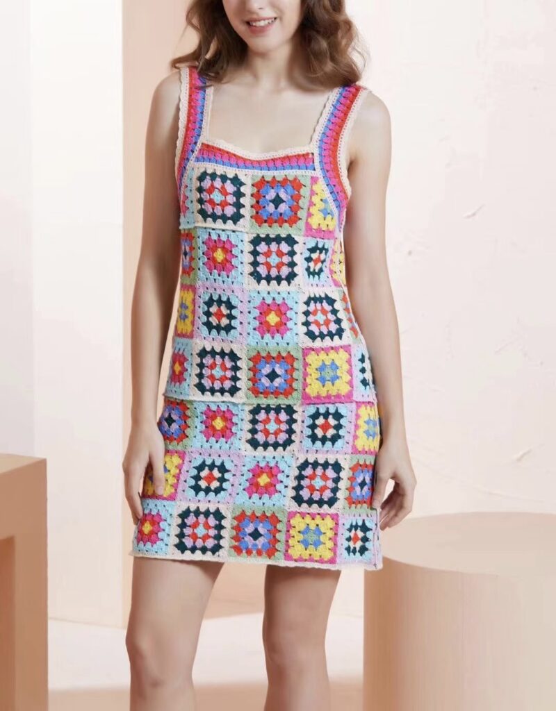 Vacation Seaside Beach Fresh Retro Square Collar Crocheted Knitted Cutout Sling Dress for Women