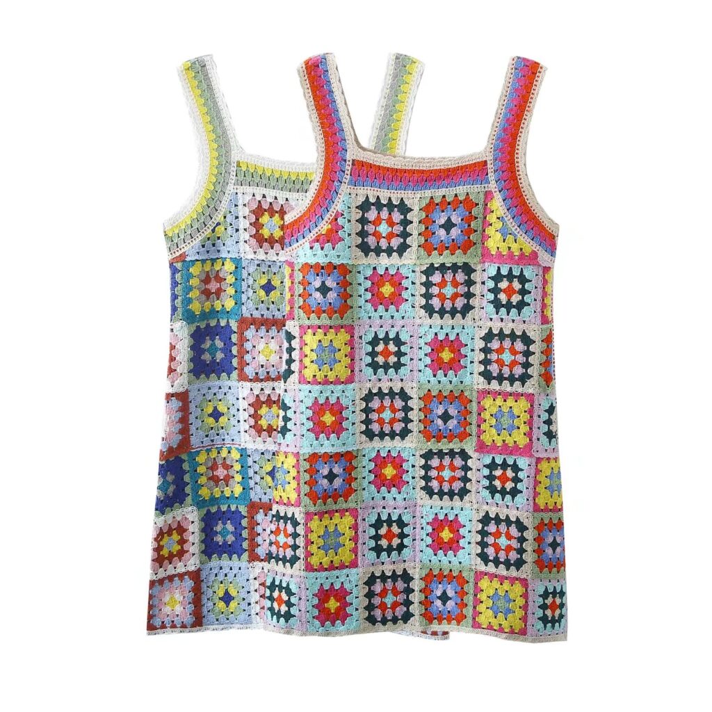 Vacation Seaside Beach Fresh Retro Square Collar Crocheted Knitted Cutout Sling Dress for Women - Image 2