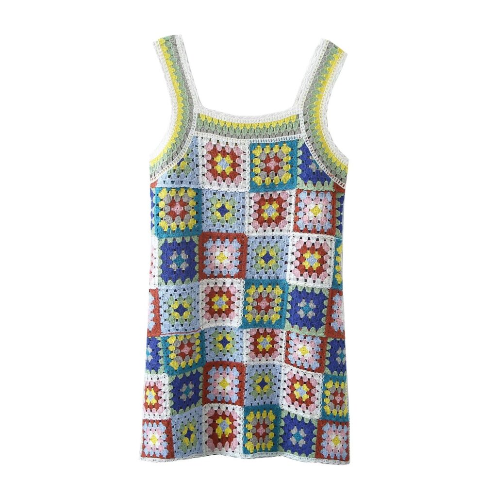 Vacation Seaside Beach Fresh Retro Square Collar Crocheted Knitted Cutout Sling Dress for Women - Image 3