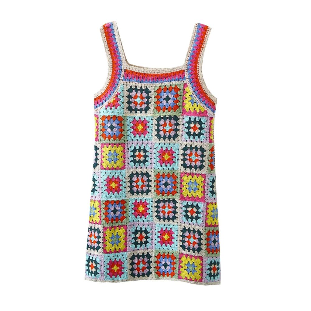 Vacation Seaside Beach Fresh Retro Square Collar Crocheted Knitted Cutout Sling Dress for Women - Image 4