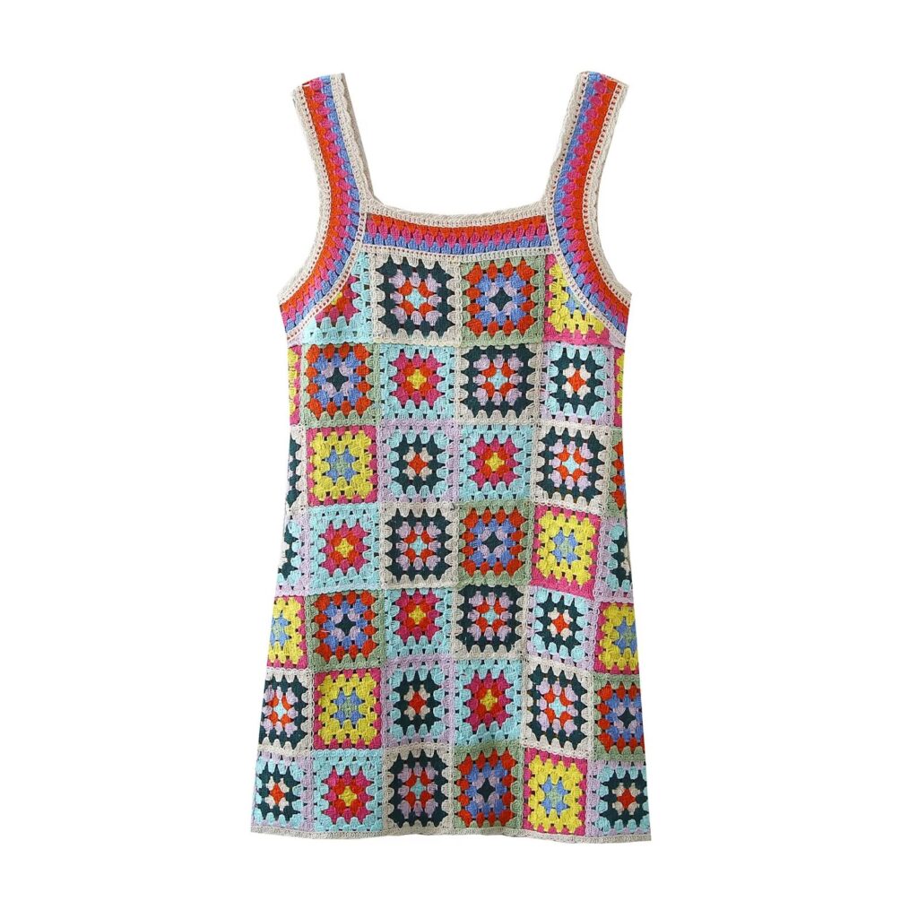 Vacation Seaside Beach Fresh Retro Square Collar Crocheted Knitted Cutout Sling Dress for Women - Image 5