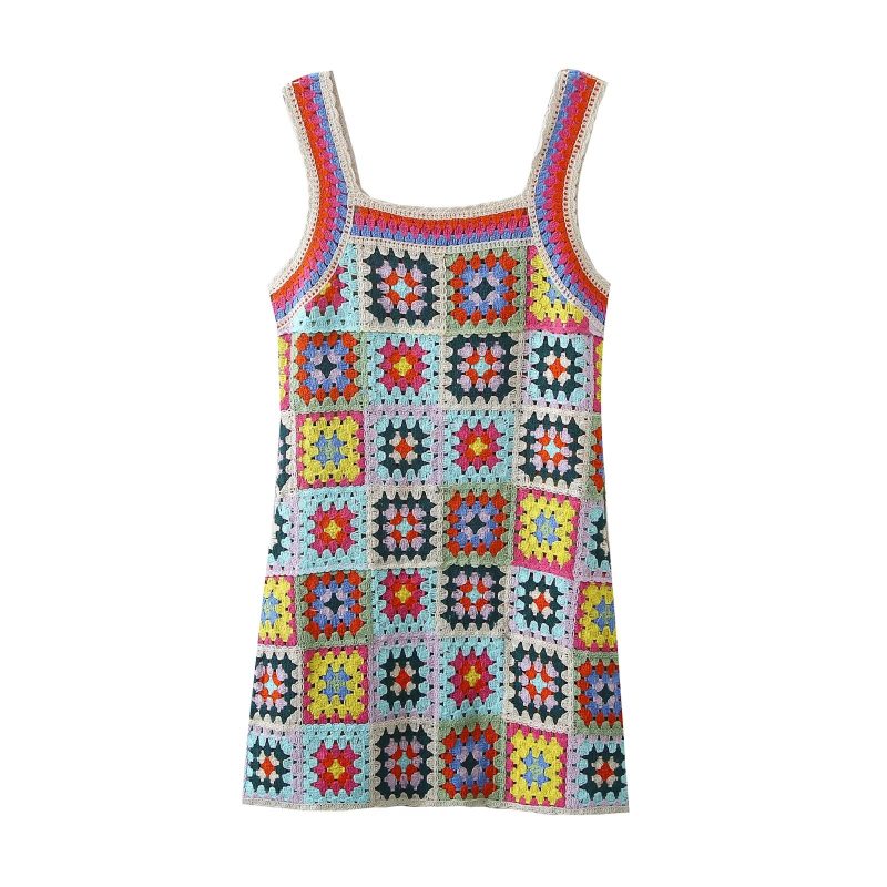 Vacation Seaside Beach Fresh Retro Square Collar Crocheted Knitted Cutout Sling Dress for Women - Image 5