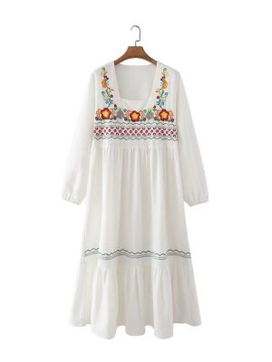 Vacation Retro Maxi Dress Bohemian Ethnic Embroidered Waist Controlled Lace up Cotton Linen Dress