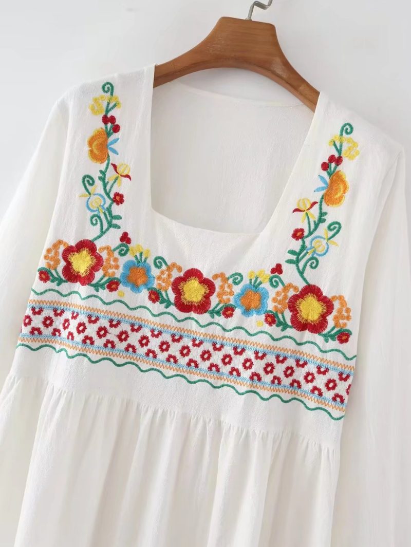 Vacation Retro Maxi Dress Bohemian Ethnic Embroidered Waist Controlled Lace up Cotton Linen Dress - Image 2