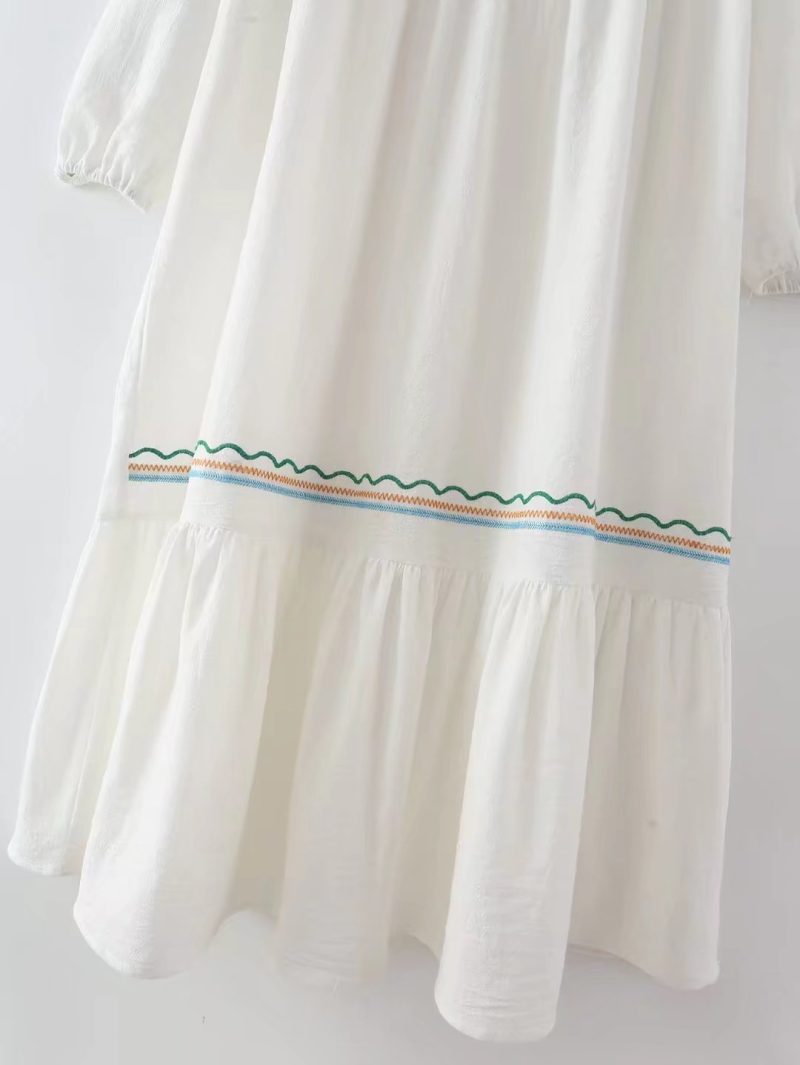Vacation Retro Maxi Dress Bohemian Ethnic Embroidered Waist Controlled Lace up Cotton Linen Dress - Image 3