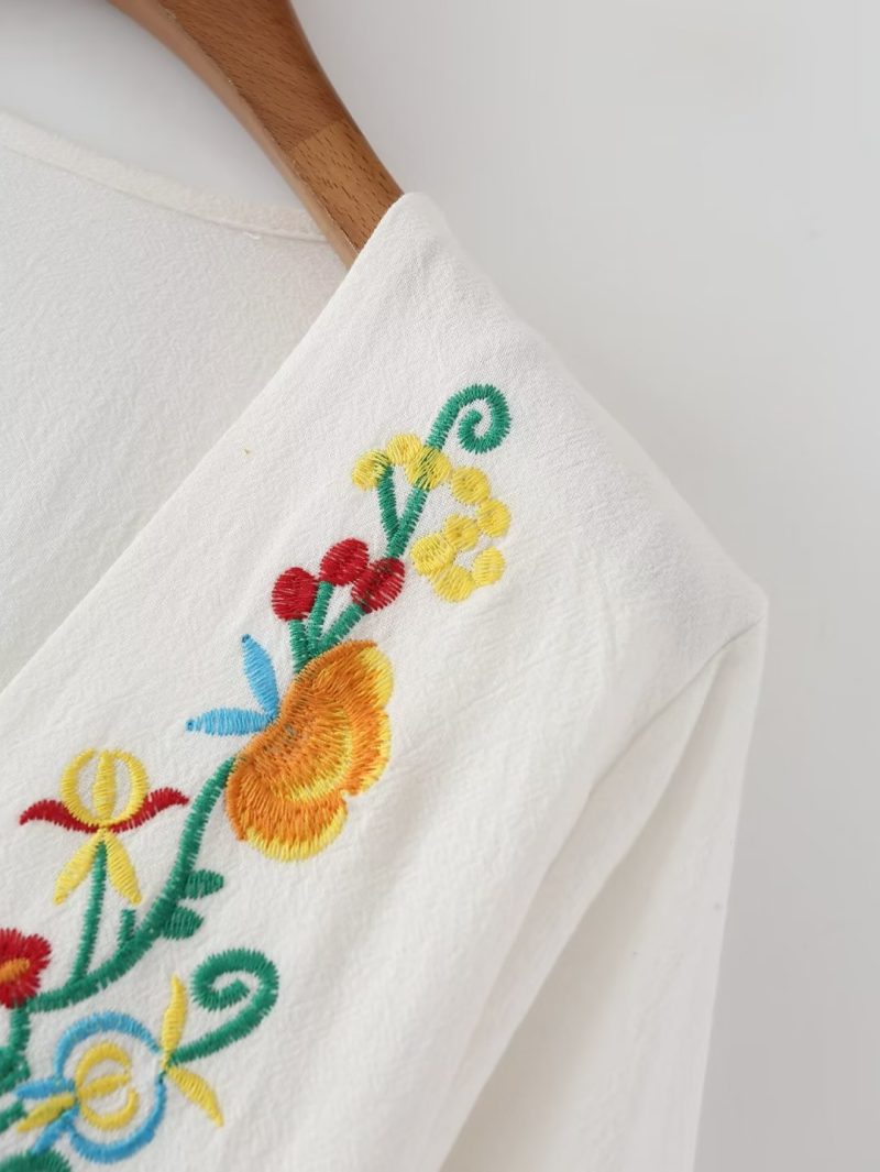 Vacation Retro Maxi Dress Bohemian Ethnic Embroidered Waist Controlled Lace up Cotton Linen Dress - Image 5