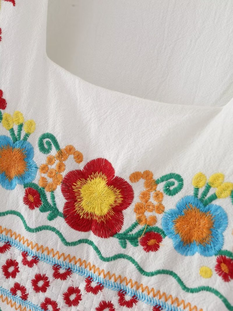 Vacation Retro Maxi Dress Bohemian Ethnic Embroidered Waist Controlled Lace up Cotton Linen Dress - Image 6