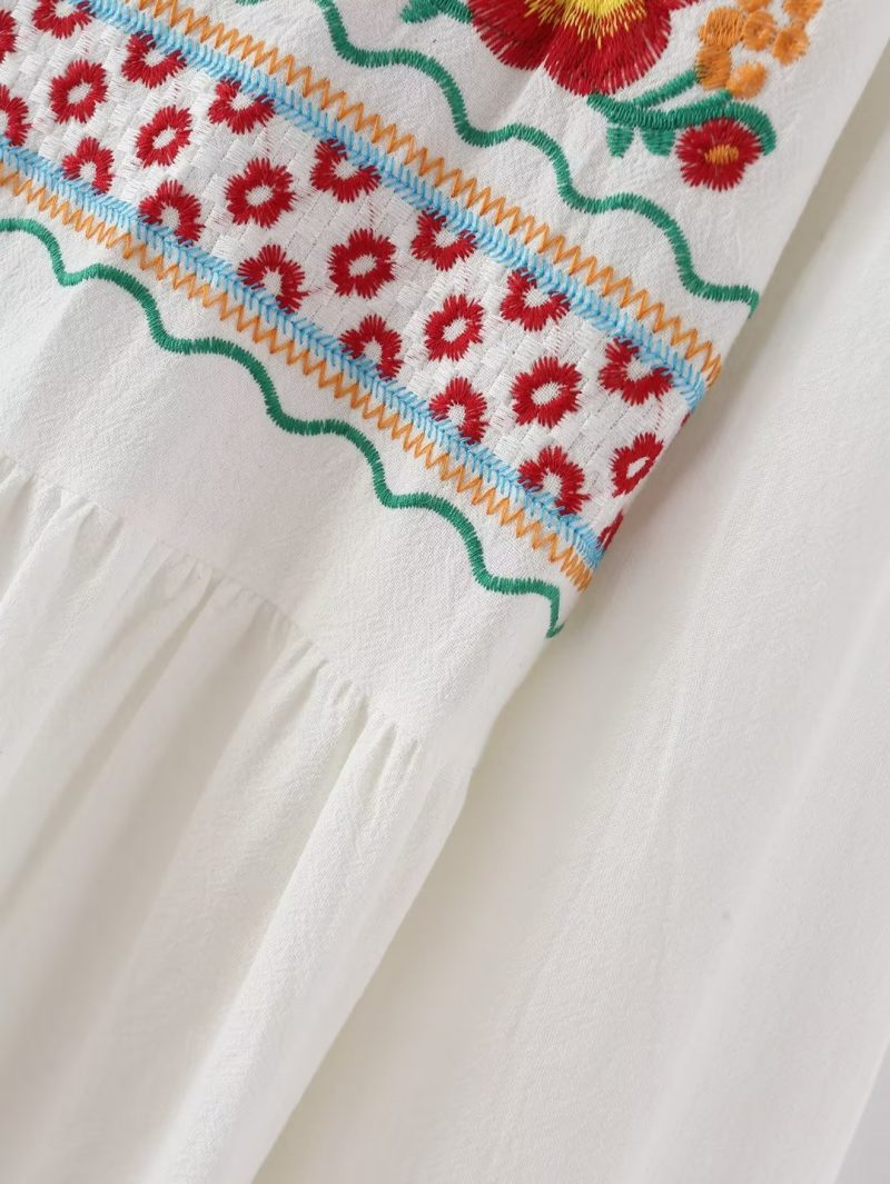 Vacation Retro Maxi Dress Bohemian Ethnic Embroidered Waist Controlled Lace up Cotton Linen Dress - Image 8