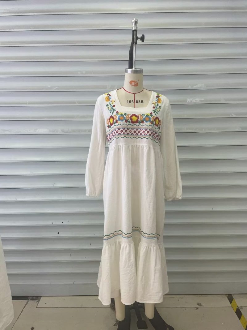 Vacation Retro Maxi Dress Bohemian Ethnic Embroidered Waist Controlled Lace up Cotton Linen Dress - Image 10