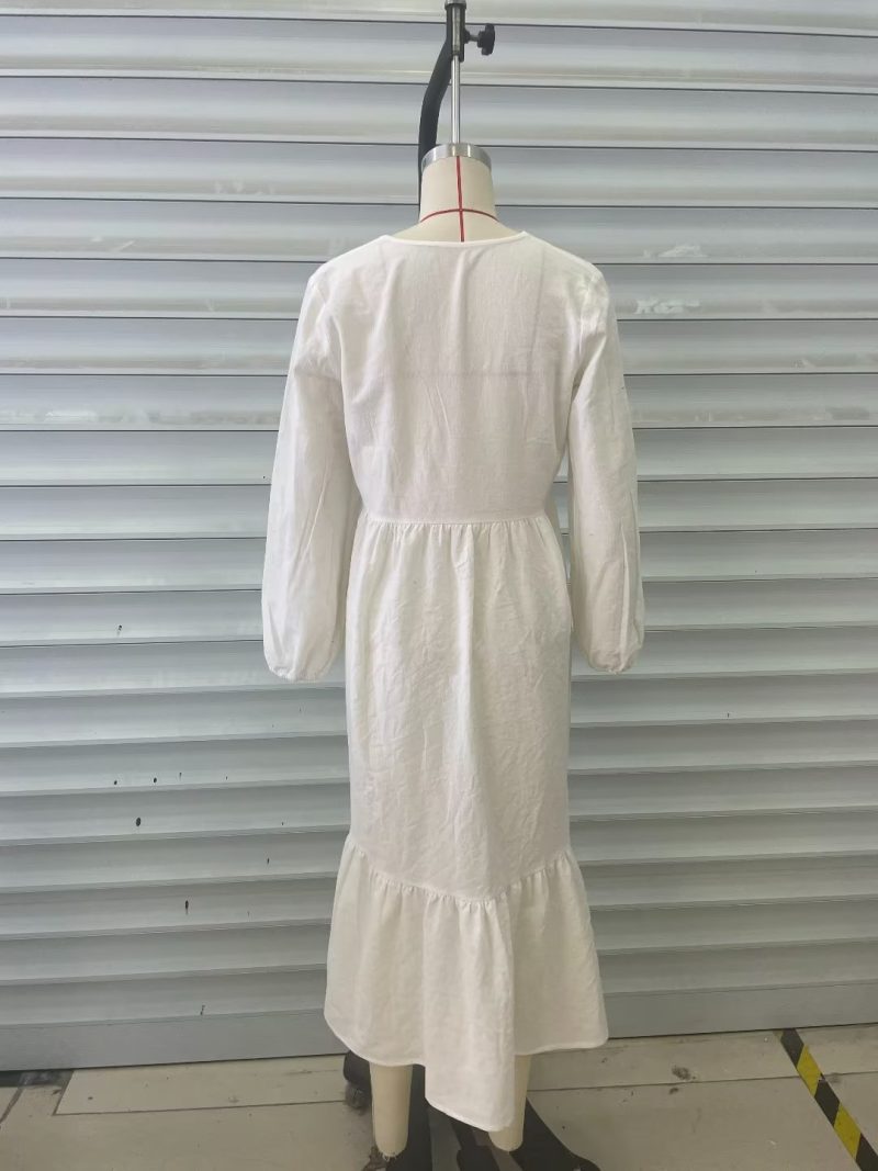Vacation Retro Maxi Dress Bohemian Ethnic Embroidered Waist Controlled Lace up Cotton Linen Dress - Image 11