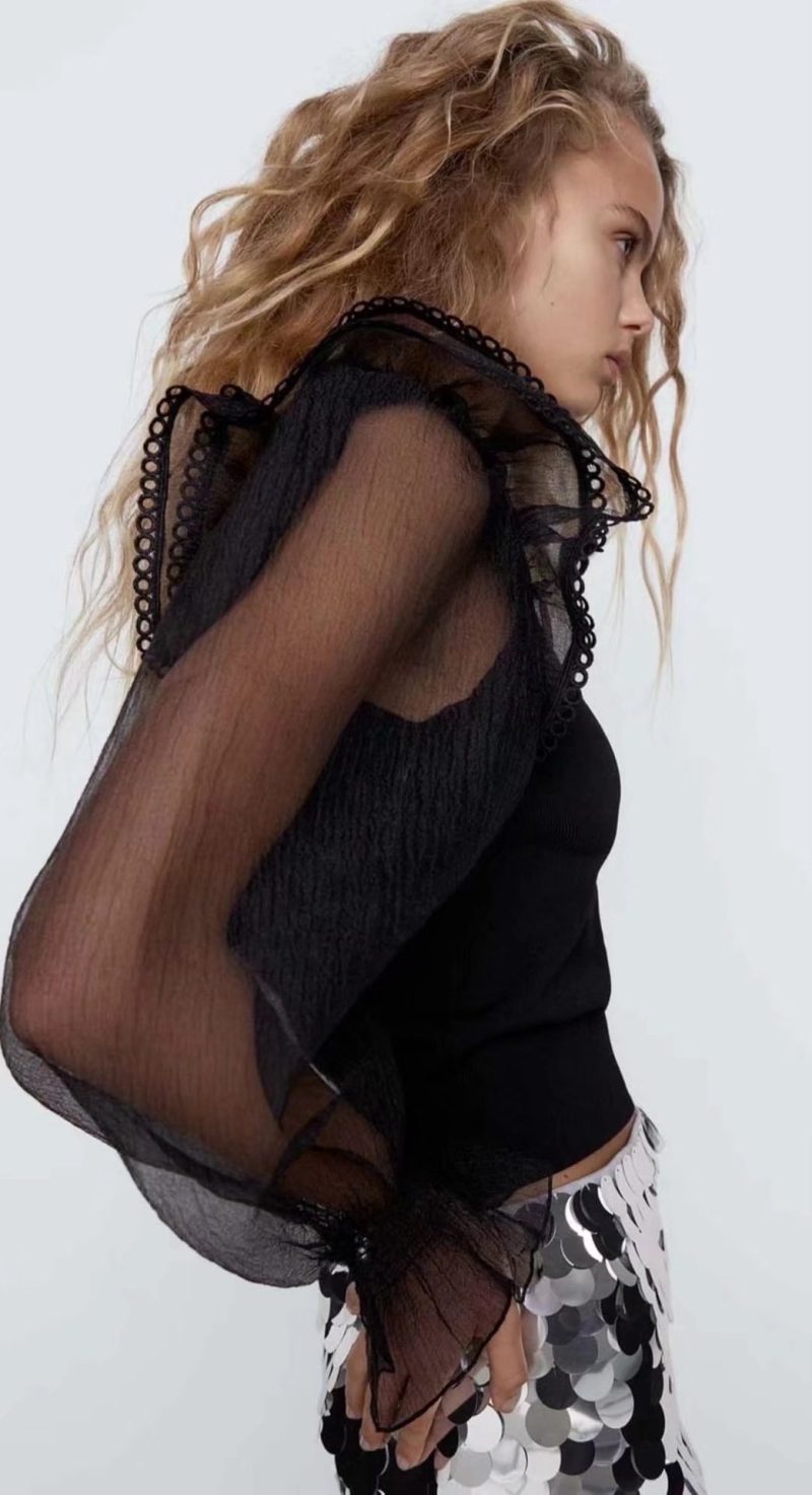 Women Spring Clothing Transparent Organza Stitching Collared Knitted Top Shirt for Women - Image 2