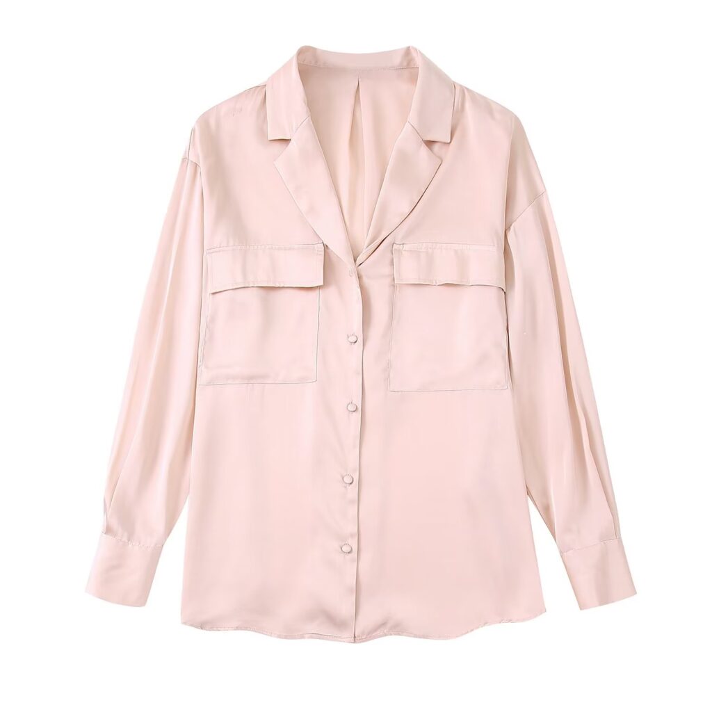 Women Stickers Pocket Decoration Silk Satin Texture Shirt - Image 4