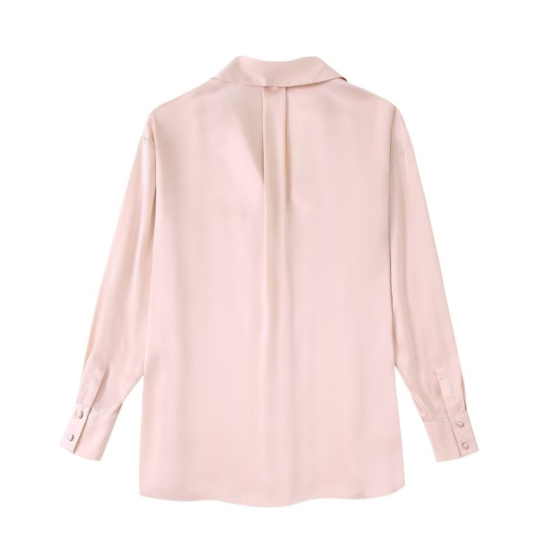Women Stickers Pocket Decoration Silk Satin Texture Shirt - Image 5