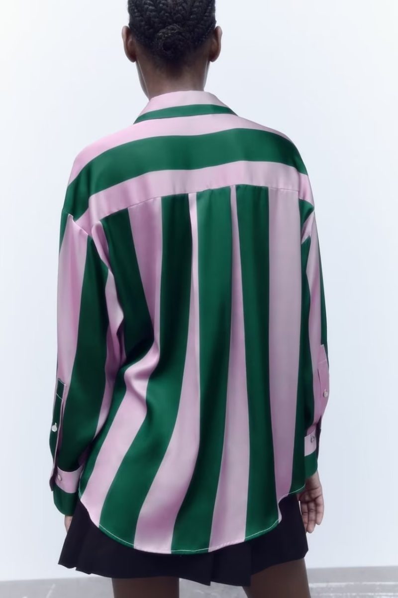 Chic Contrast Color Striped Shirt Women Clothing Autumn Silk Satin Texture Loose Long Sleeve - Image 2