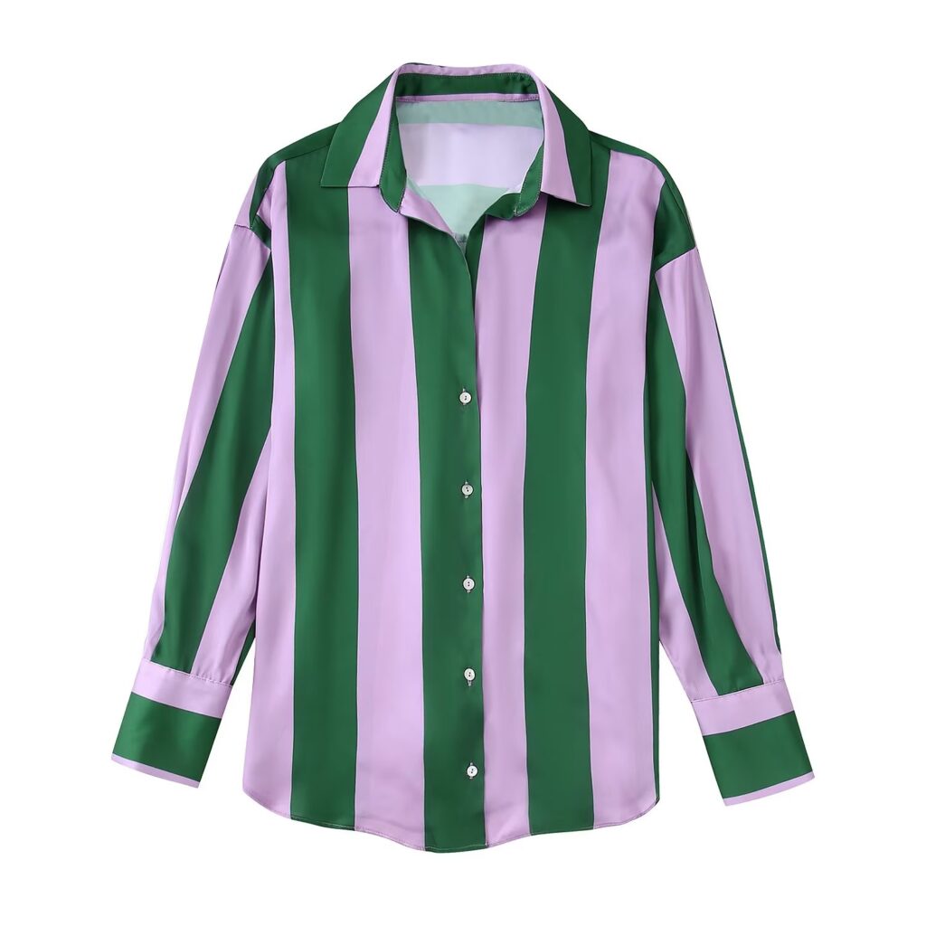 Chic Contrast Color Striped Shirt Women Clothing Autumn Silk Satin Texture Loose Long Sleeve - Image 3
