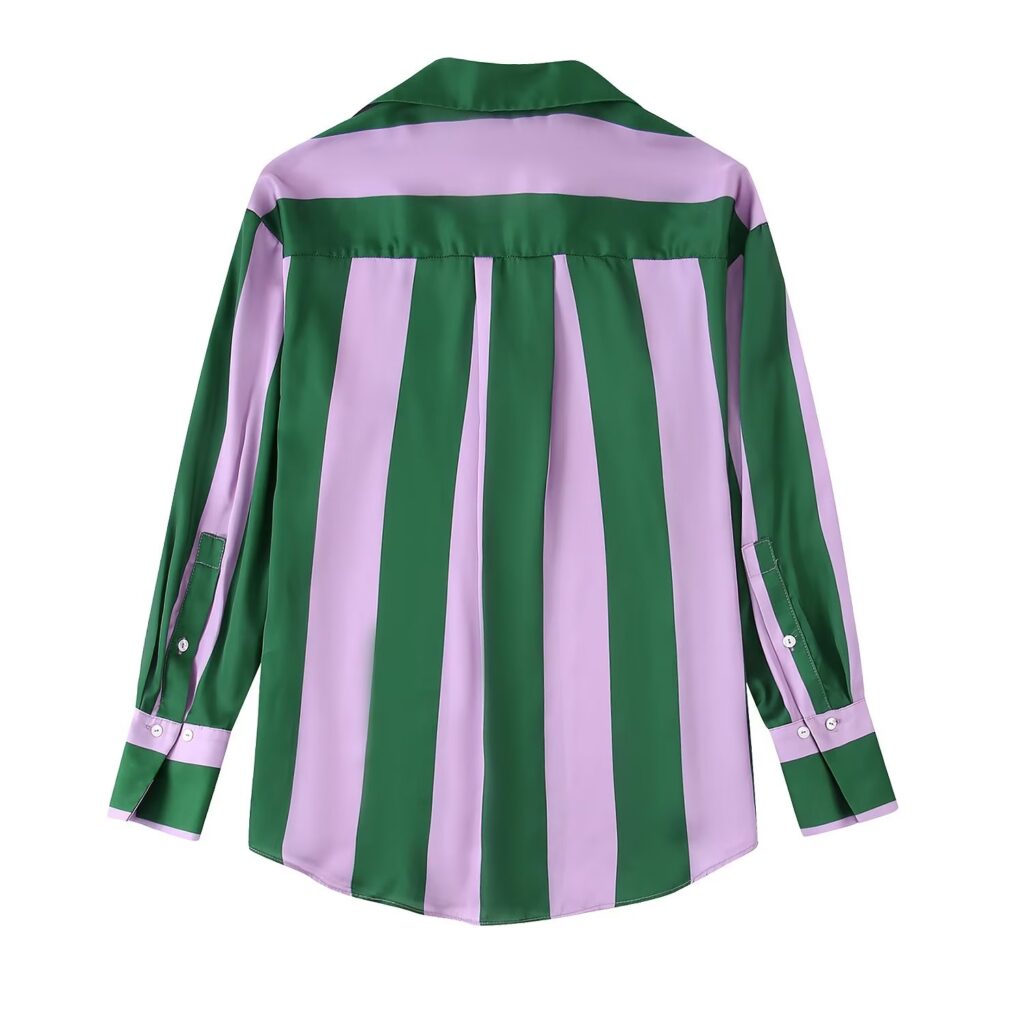 Chic Contrast Color Striped Shirt Women Clothing Autumn Silk Satin Texture Loose Long Sleeve - Image 4