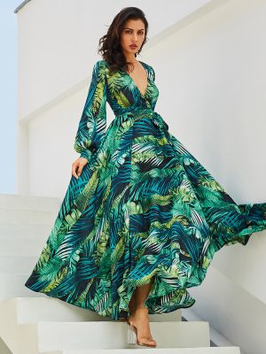 Autumn Winter Printed Dress Lantern Sleeve Sexy Deep V-neck Green Leaves Maxi Dress Large Swing