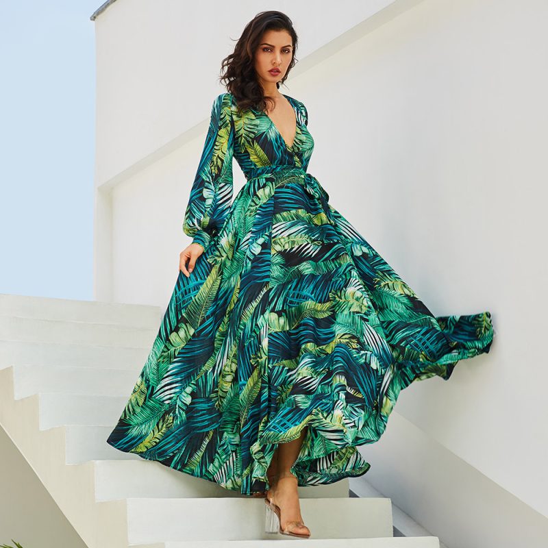 Autumn Winter Printed Dress Lantern Sleeve Sexy Deep V-neck Green Leaves Maxi Dress Large Swing