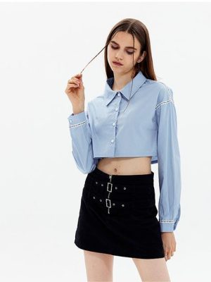 Fashionable Ribbon Blue Short cropped Long Sleeve Shirt Collared Sweet Autumn Top for Women