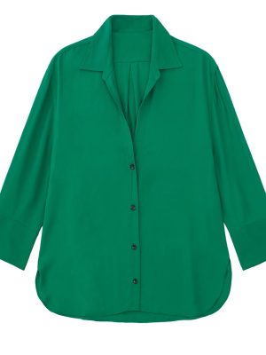 Autumn Retro Collared Long Sleeve Single Breasted Green Loose Shirt Women