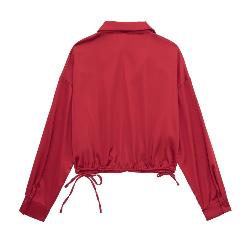 Autumn Women Long Sleeve Silk Satin Texture Double Breasted Shirt - Image 2