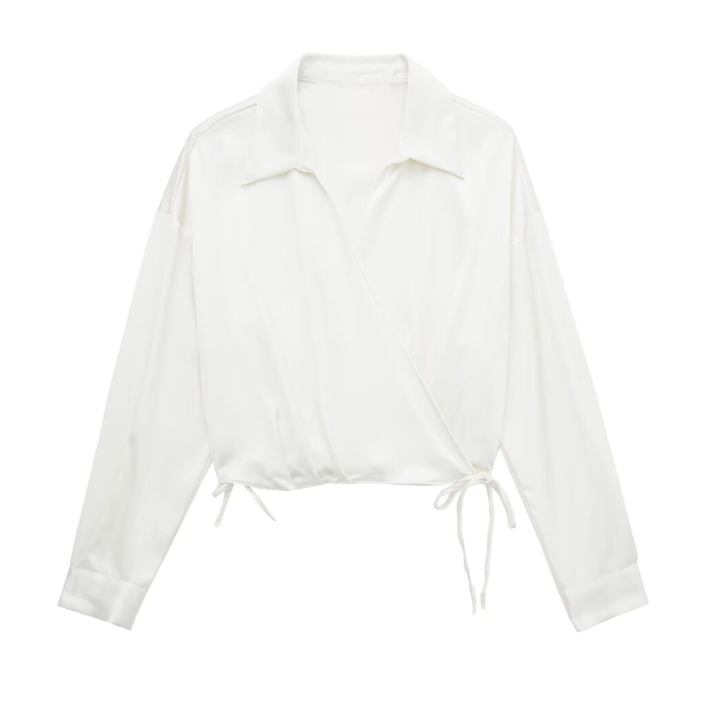 Autumn Women Long Sleeve Silk Satin Texture Double Breasted Shirt - Image 3